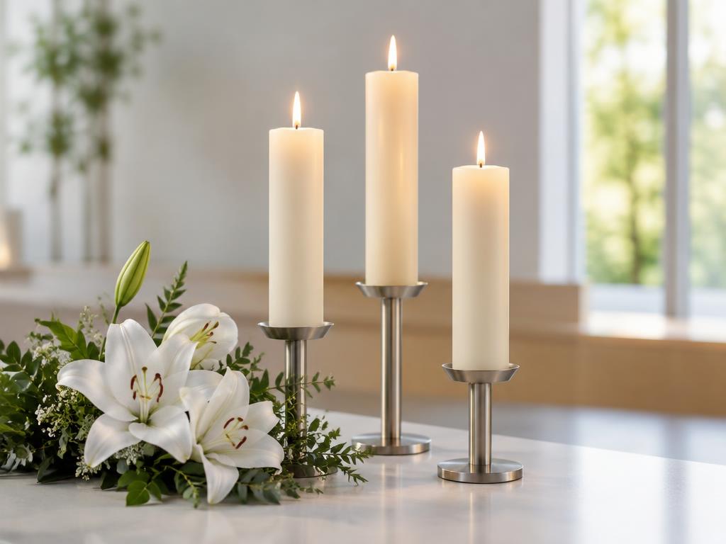 Cirios encendidos junto a flores blancas